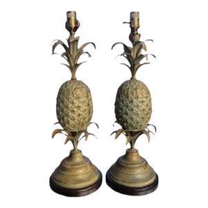 Vintage Wildwood Tole Iron Green Gold Pineapple Table Lamps- a Pair