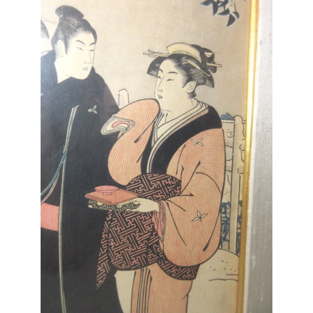 1930s Antique Torii Kiyonaga Japanese Woodblock Edo Print Matsuchiyama Snowfall Figure For Sale - Image 5 of 12