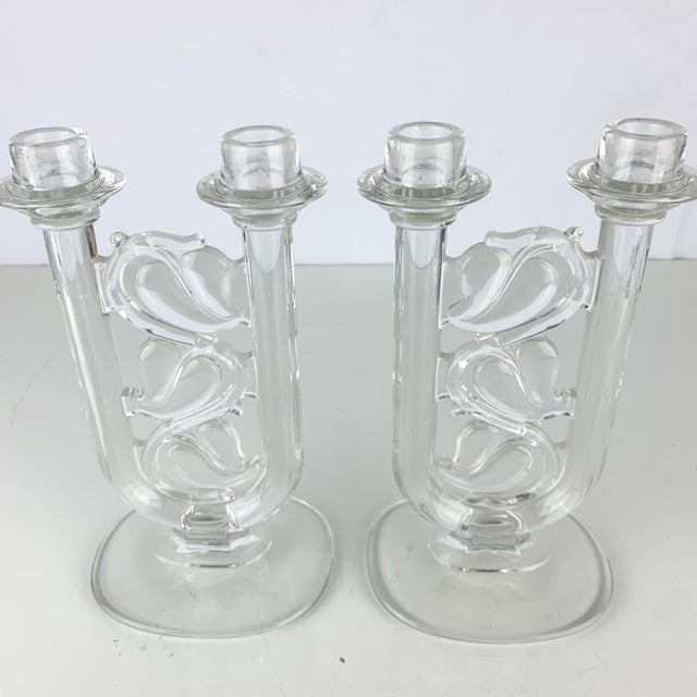 Hollywood Regency Vintage Crystal Glass Double Candlestick Holders Pair Ivy Vines Romantic Decor For Sale - Image 3 of 11