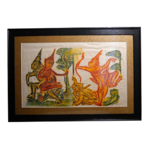 Vintage Circa 1970 Thai Ramakien King Rama and Tosakanth Colorful Temple Rubbing on Rice Paper Framed Art