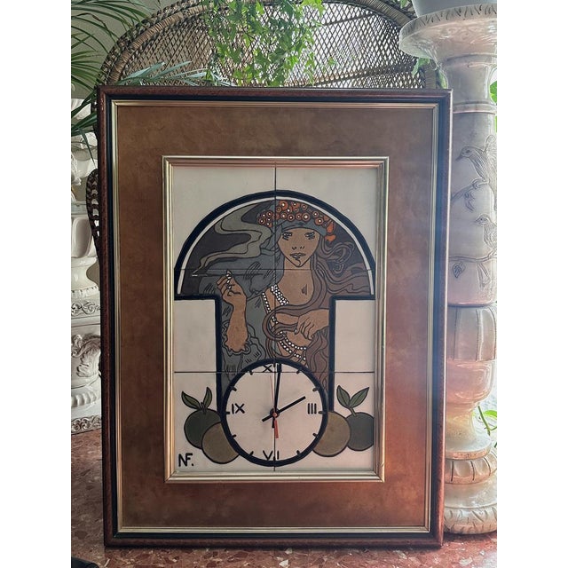 Textile The Muse of Silent Look Alphonse Mucha in Glazed Ceramic Wall Clock, 1970s For Sale - Image 7 of 14