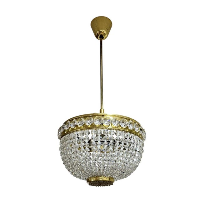 Metal French Empire Style Crystal Basket Pendant Light, 1950s For Sale - Image 7 of 7