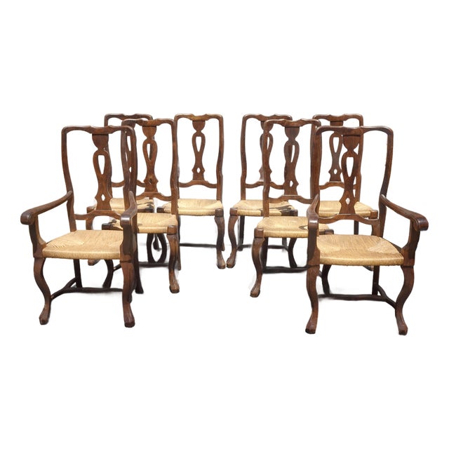 Set of Eight Vintage French Country Rush Seat Dining Chairs For Sale