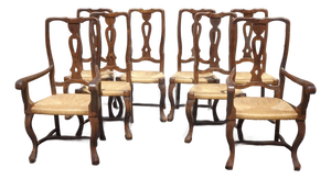 Set of Eight Vintage French Country Rush Seat Dining Chairs