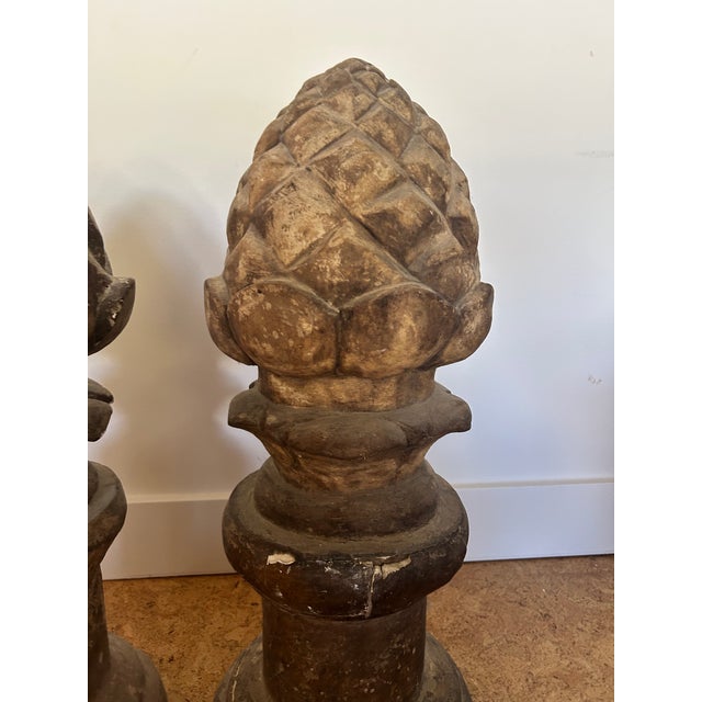 Mid-Century Modern Vintage Pair of Carved Garden Acorns on Pedestal For Sale - Image 3 of 14