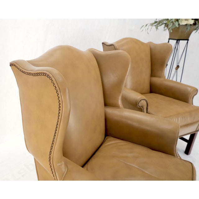 Pair of Tall Tan Leather Wing Chairs on Solid Mahogany Stretcher Base Mint! For Sale - Image 17 of 17