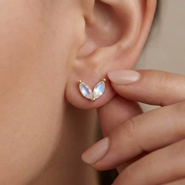 Contemporary Rainbow Moonstone Marquise Studs | Minimalist Gemstone Studs Arrings | Dainty Everyday June Birthstone Studs - A Pair For Sale - Image 3 of 4