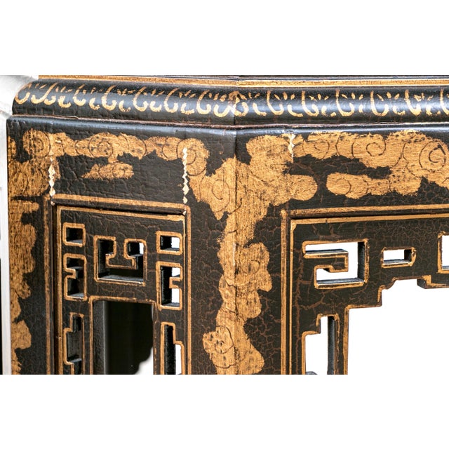 Wood Vintage Chinoiserie Black Lacquered Octagonal Pedestal Stands—A Pair For Sale - Image 7 of 12