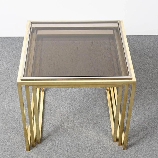 Mid-Century Italian Modern Chrome and Brass Smoked Glass Nesting Tables, 1970s, Set of 3 For Sale - Image 9 of 14