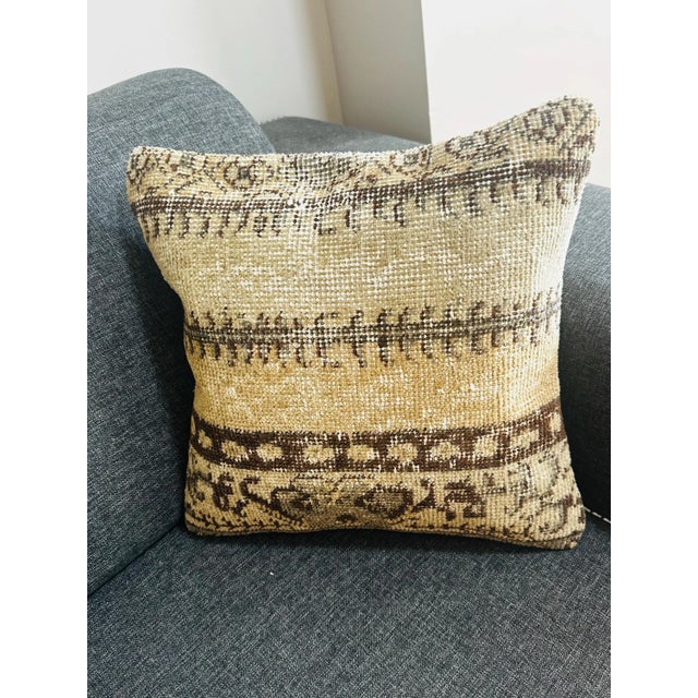 2020s Vintage Turkish Isparta Rug Pillow Cover 16x16 – Geometric Wool Cushion Earthy Tones For Sale - Image 5 of 12