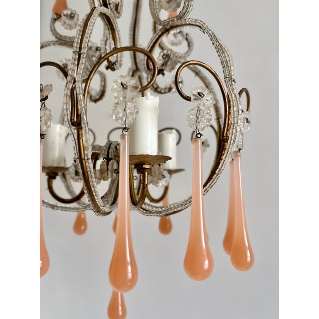 Metal Venetian Style Beaded Brass Chandelier with Pink Murano Glass Drops, Italy, 1950s For Sale - Image 7 of 18