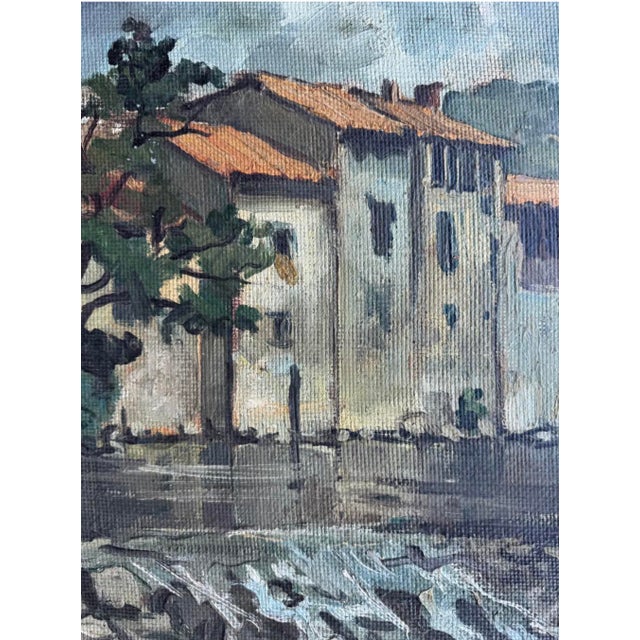 Vintage French Village by the Sea, Coastal Oil Painting in New Frame For Sale - Image 4 of 6