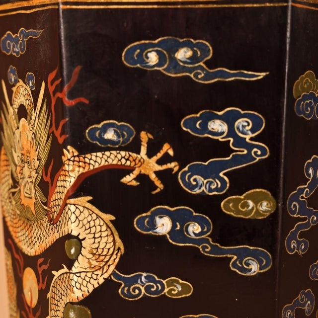 Black Vintage Hand-Painted Gilt Black Lacquer Hexagonal Brush Pot With Dragon Motif For Sale - Image 8 of 9