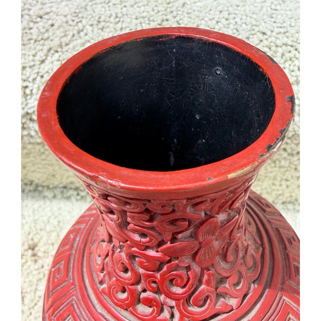 1930s Antique Chinese Republic Era Carved Red Cinnabar 7.5” Landscape & Figures Vase For Sale - Image 5 of 7