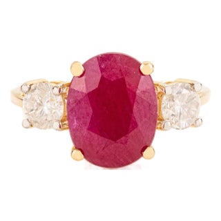 Art Deco Natural 3.19Ct Oval Cut Ruby & Diamond Ring Size 7 in 14k Yellow Gold For Sale