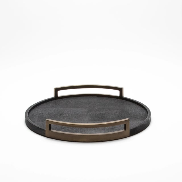Modern Round Tray in Black Shagreen With Bronze Patina Brass by R&y Augousti For Sale - Image 3 of 11
