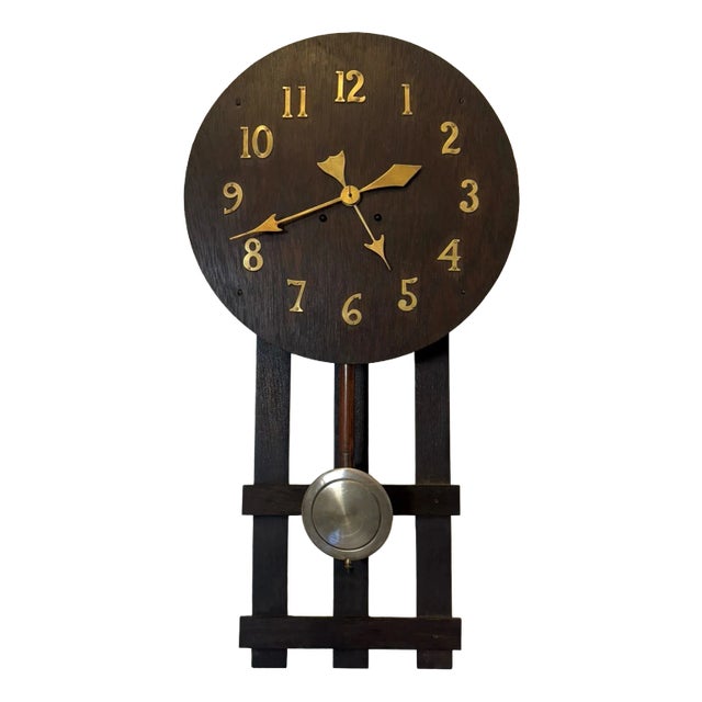 Antique Arts and Crafts Oak Wall Clock with 8-Day Striking Movement and Brass Numerals, 1900 For Sale