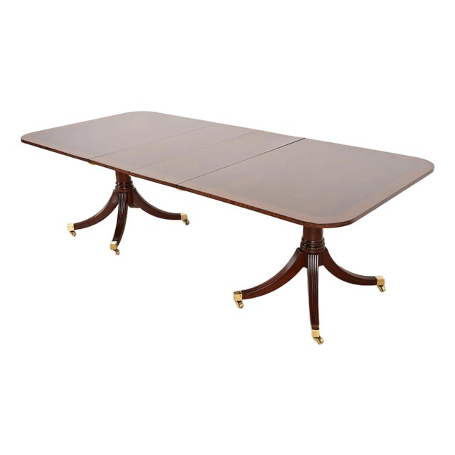 Baker Furniture Style Georgian Banded Mahogany Double Pedestal Extension Dining Table, Newly Refinished For Sale
