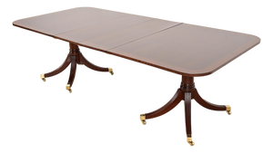 Baker Furniture Style Georgian Banded Mahogany Double Pedestal Extension Dining Table, Newly Refinished