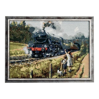 Framed Train “The Flying Scotsman” Needlepoint. For Sale