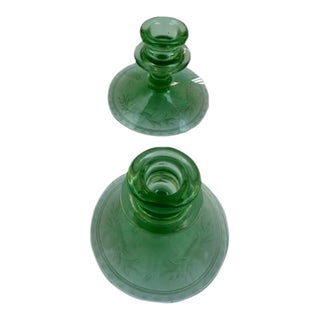 Pair of Vintage 1930s Green Depression Glass Etched Candle Holders For Sale