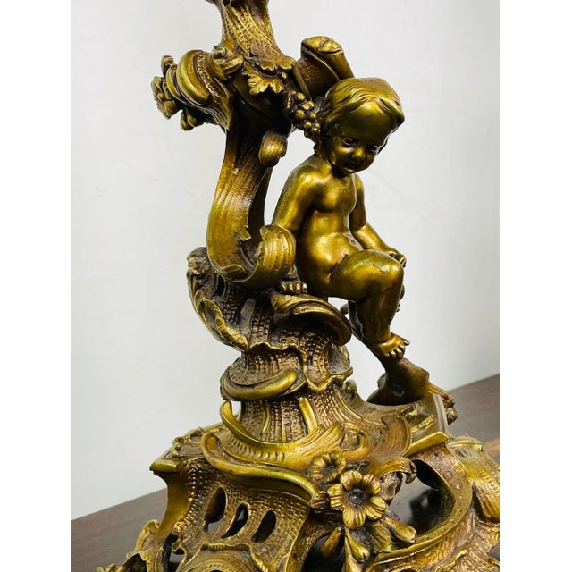 Metal Pair of Louis XVI Style Gilt Bronze Candelabra, Cherub Florentine Form For Sale - Image 7 of 13