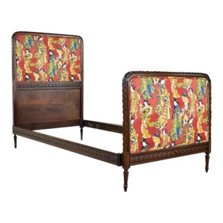 Antique French Carved Walnut and Upholstered Twin Bed With Asian Figural Fabric For Sale