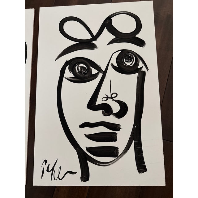 Peter Keil 1970s Black and White Cubist Portrait Paintings by Peter Keil - Set of 2 For Sale - Image 4 of 5