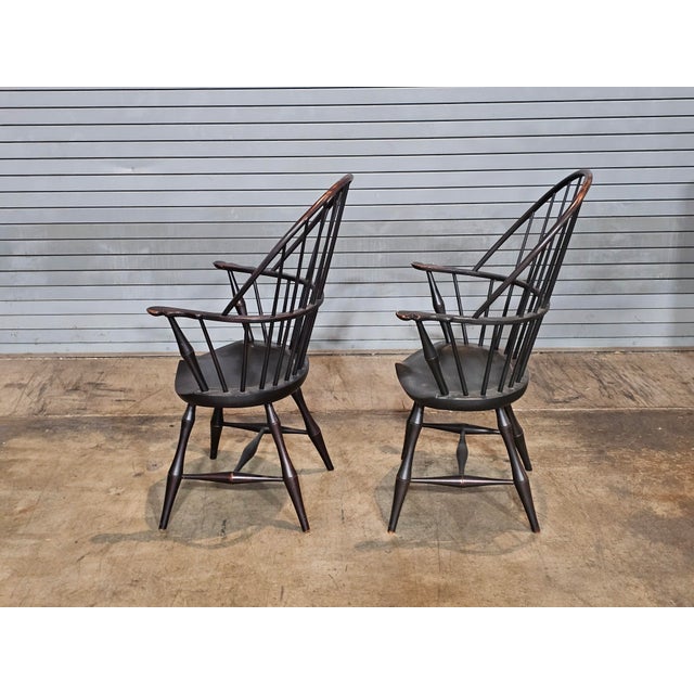 Late 20th Century Pair of d.r. Dimes Sack Back Windsor Arm Chairs Bench Made Black Crackle Finish For Sale In Cleveland - Image 6 of 8