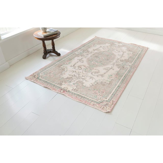 Pink 1960s Muted Sage Green and Soft Rose Pink Turkish Rug For Sale - Image 8 of 10