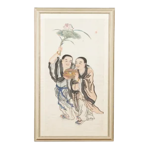 Mid 19th Century Japanese Buddhist Monks & Lotus Flower Framed Painting