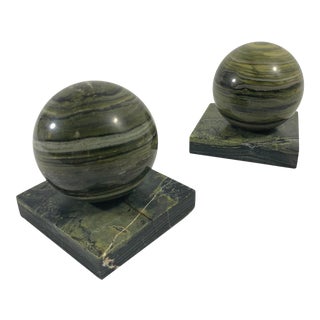 Postmodern Green Marble Sphere Bookends - a Pair For Sale