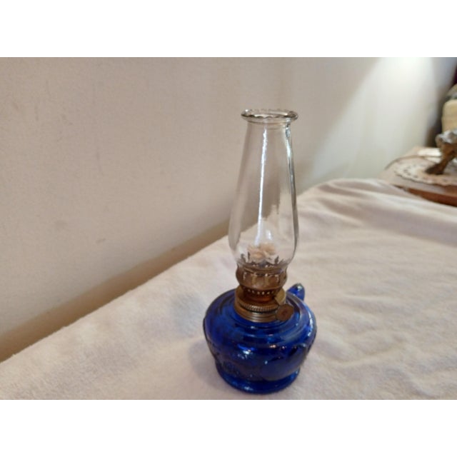 Art Deco Vintage Kerosene Oil Lamp Cobalt Blue Embossed Fruit Pattern For Sale - Image 3 of 7