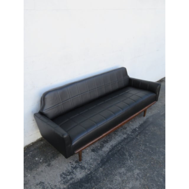 Wood Mid Century Modern Black Vinyl Long Couch Sofa 6267 For Sale - Image 7 of 15