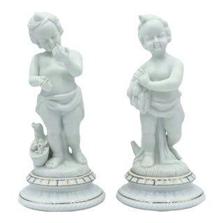 Pair Andrea by Sadek Cherub Statues Figures Ceramic White 10"h For Sale