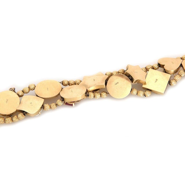 Metal Ten Large Assorted Slide 14k Yellow Gold Charm Double Bracelet For Sale - Image 7 of 7