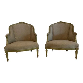 1940s Pair of Louis XVI Green Painted Bergeres in Grey Upholstery With Flower Detail For Sale