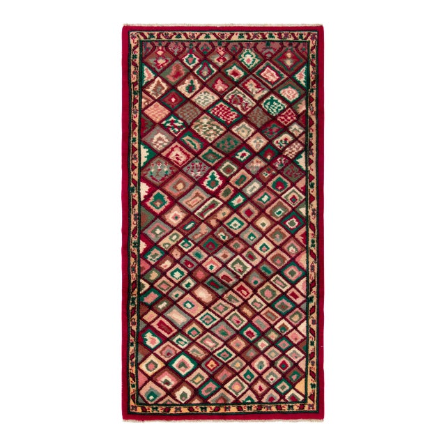 1960s Vintage Distressed Rug in Red & Green Geometric Pattern For Sale