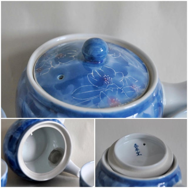 1950s Koransha Fukagawa Blue Porcelain Tea Set Sakura Chawans and Tea Pot - 6 Piece Set For Sale - Image 5 of 9