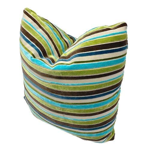 Vintage green, brown, cream, and teal velvet striped pillow with zipper closure. Down filled. No maker's marks.