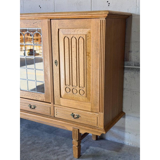 Oak Sideboard Credenza With Leaded Glass Doors Four Drawers Mid-Century Modern 1960s For Sale - Image 9 of 11