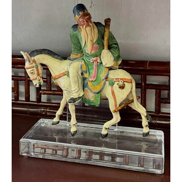 Early Chinese Immortal on Horseback Terracotta Roof Tile on Lucite - Figurine For Sale - Image 4 of 5