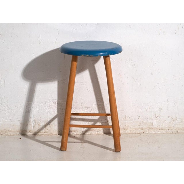 Blue Vintage Wooden Stool with Round Seat, Central Europe, 1950 For Sale - Image 8 of 9