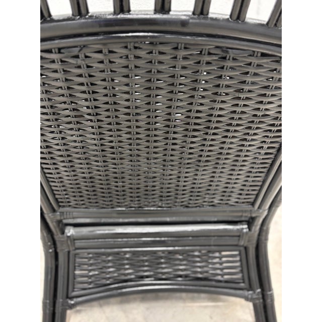 Vintage Rattan Lounge Chair in Black Enamel. McGuire-Style Leather Bindings and Stick Reed Details. Performance Cushions, Professionally Refurbished. For Sale In West Palm - Image 6 of 9