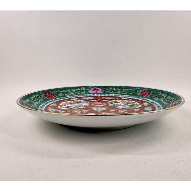 Forest Green Vintage 11-Inch Japanese Imari Porcelain Charger – Hand-Painted Three-Medallion Bird & Peony For Sale - Image 8 of 10
