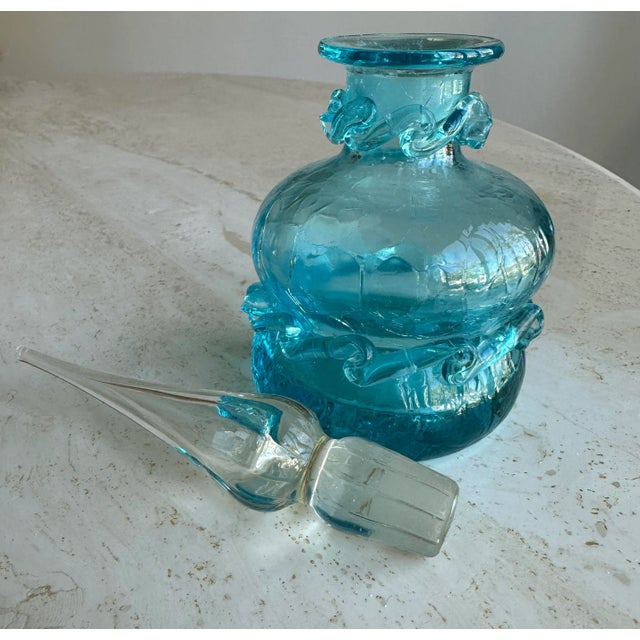 Blenko 1960s Turquoise Blue Blenko or Empoli Style Crackle Glass Bottle With Stopper For Sale - Image 4 of 8