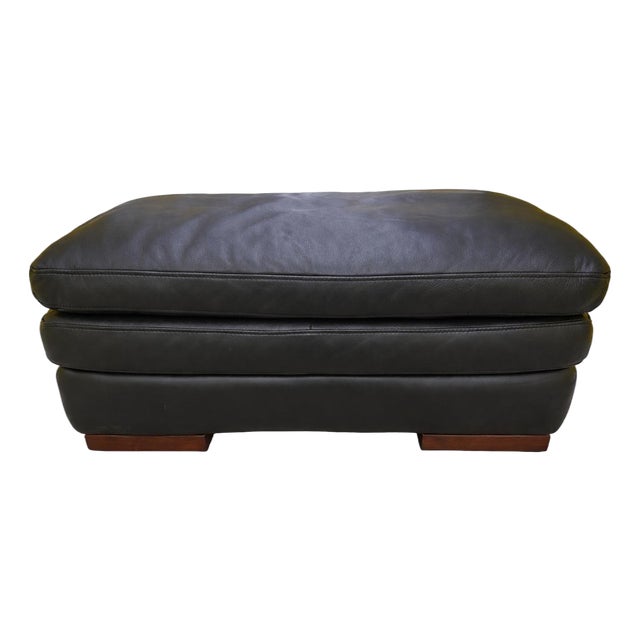 Late 20th Century Modern Black Leather Oversized Ottoman / Cocktail Ottoman With Wood Block Feet For Sale
