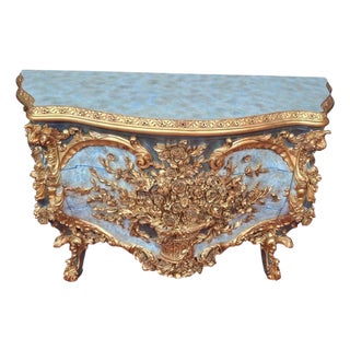 1960s Hand-Carved Rococo Chest of Drawers Blue & Gold Floral Dresser For Sale