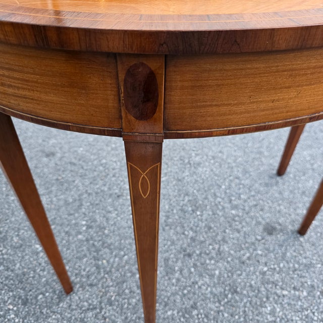 Pair of American Federal Revival Mahogany Demilune Console Tables With Satinwood Fan Inlay and Stringing, Mid-20th Century For Sale - Image 9 of 12