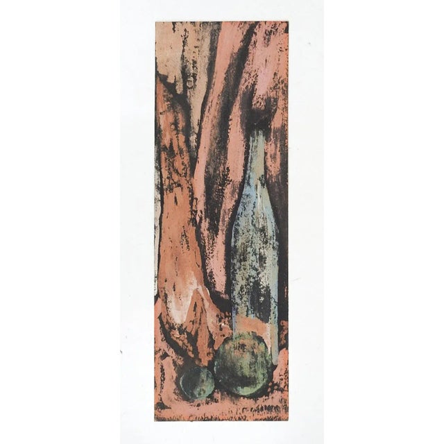 Vintage mid 20th century abstract still life painting on paper in terracotta and blue. Unsigned. Unframed, age toning.